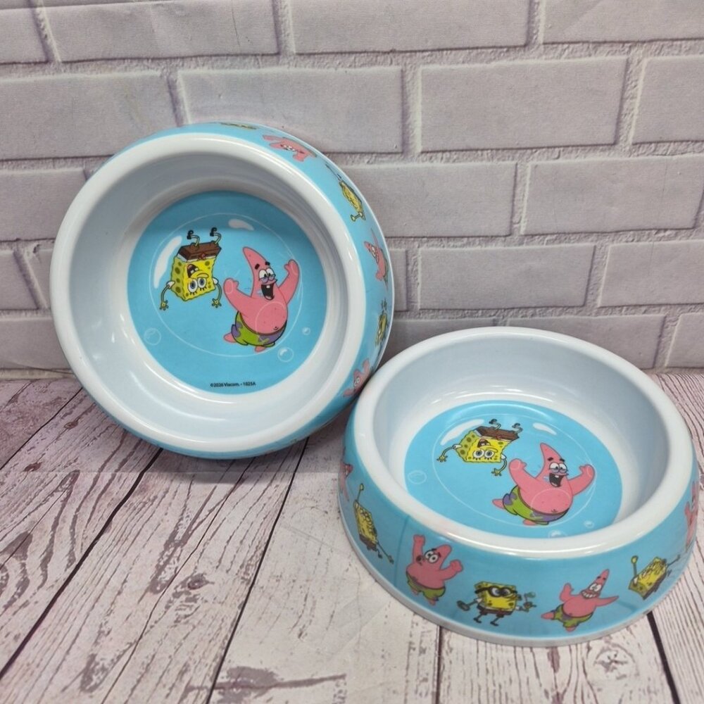 SpongeBob SquarePants Pet Bowl Dog Cat Food Water Dish, Blue, 7in Dia, Lot Of 2